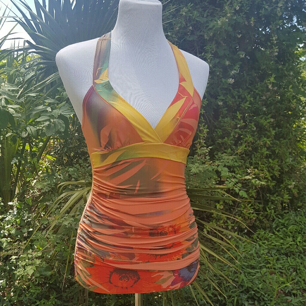 Halter top in a sherbert orange, yellow and green.